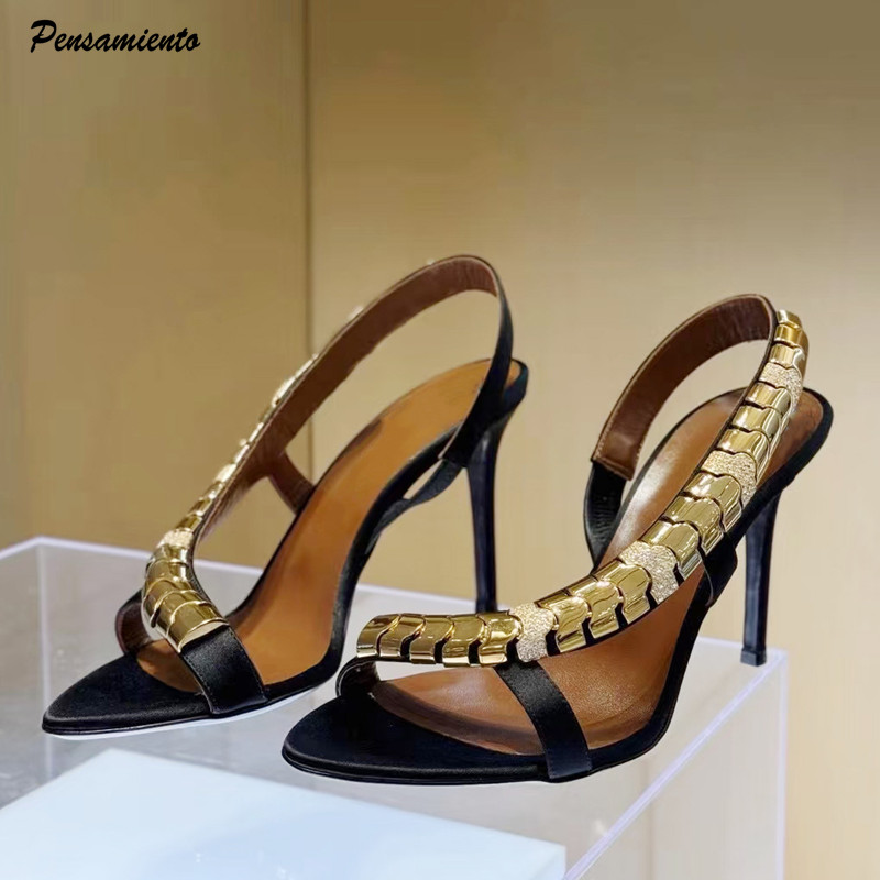 Gladiator Sandal Women - รองเท้าส้นสูงประดับเพชรหรูหรา ผ้าซาติน สายรัดข้อเท้า สไตล์กลาดิเอเตอร์ สำหรับผู้หญิง แฟชั่นฤดูร้อน
