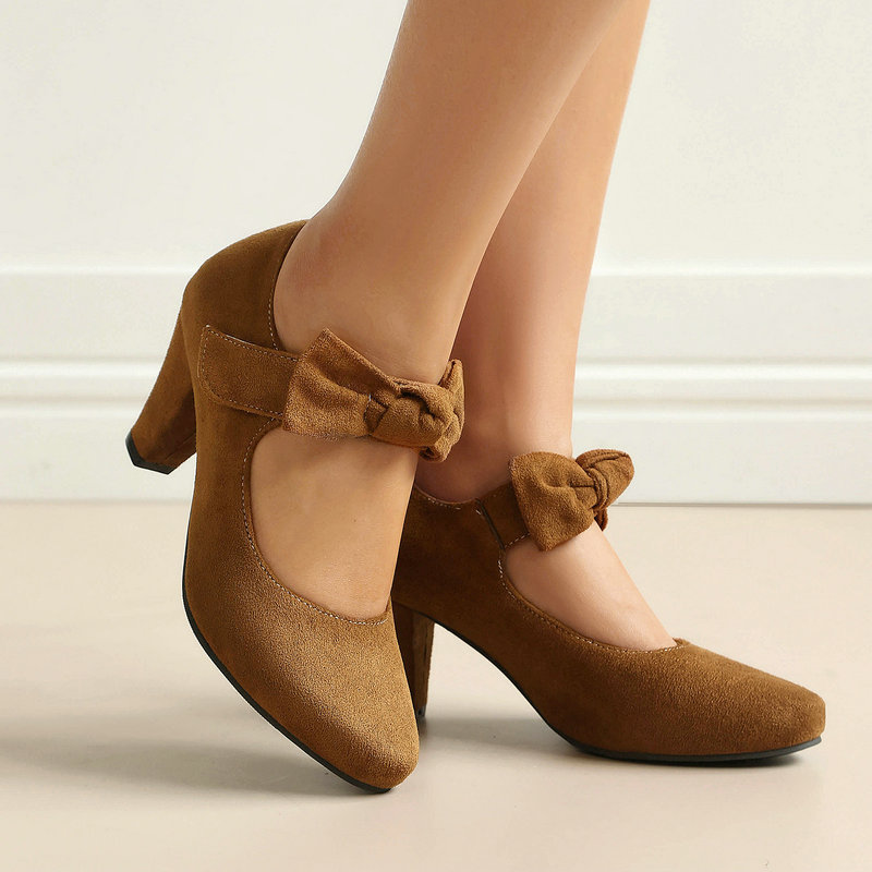 Women'S Xti Shoes - รองเท้าส้นสูงสไตล์วินเทจสำหรับผู้หญิง แบบแมรี่เจน ประดับโบว์ หนังกลับเทียม ส้นหนา 7