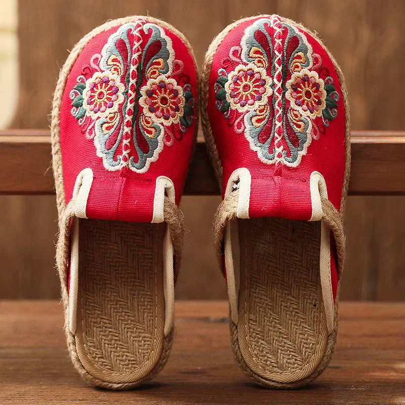 Women'S Shoes Vegan - 2025 ผู้หญิงสบายๆผ้าลินินเย็บปักถักร้อยทําด้วยมือแบนรองเท้าแตะ Retro มังสวิรัติฤดูร้อนสุภาพสตรีผ้าใบสบาย Espadrille รองเท้า