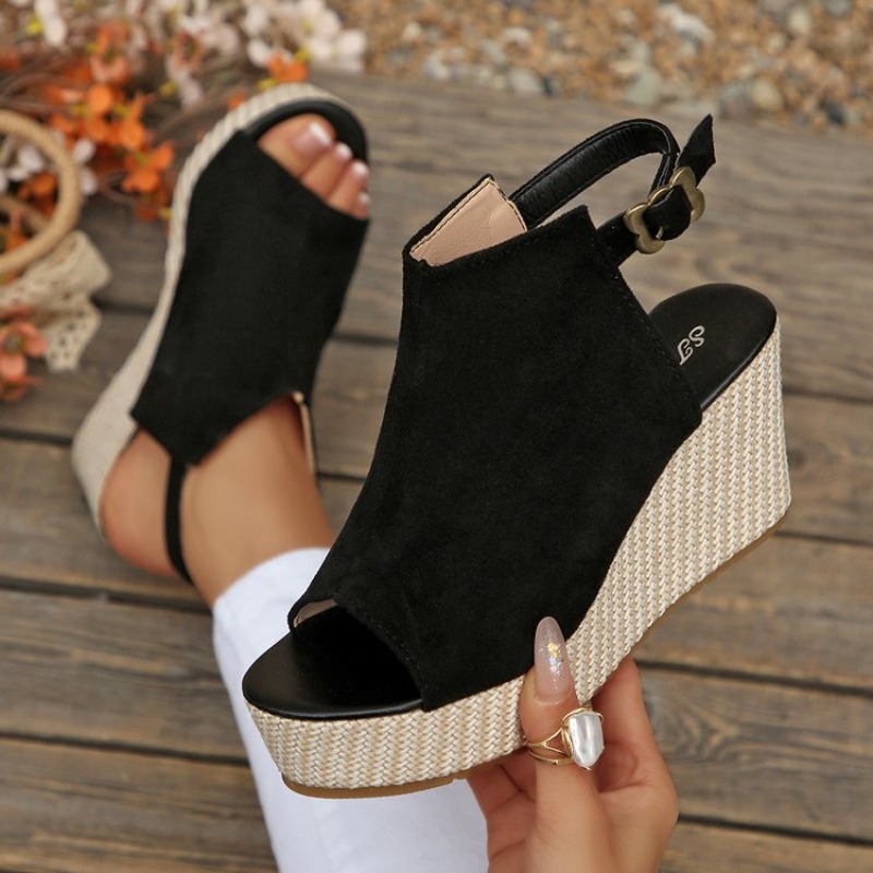 Espadrille Wedge Shoes - รองเท้าแตะผู้หญิงฤดูร้อนแบบสวมเปิดนิ้วเท้า ส้นเตารีด หนังกลับ สายรัดข้อเท้า แบบสวมสบาย เหมาะสำหรับใส่ไปชายหาด