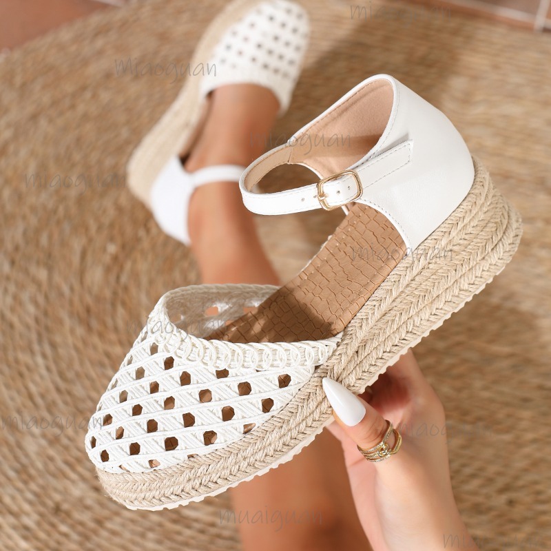 Espadrille Wedge Shoes - รองเท้าส้นเตารีดแบบสานสำหรับผู้หญิงสไตล์โบฮีเมียน แบบรัดข้อเท้า ปิดนิ้วเท้า พื้นหนา ระบายอากาศได้ดี รองเท้าฤดูร้อน