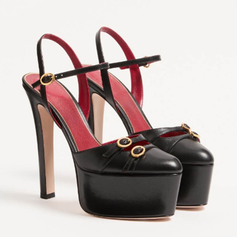 Women Shoes Model - รองเท้าส้นสูงสไตล์ฝรั่งเศสหรูหรา ปลายหนา ด้านหลังโปร่ง สำหรับงานเลี้ยง รองเท้าแตะรัดส้นแบบมีสายรัดสำหรับผู้หญิง