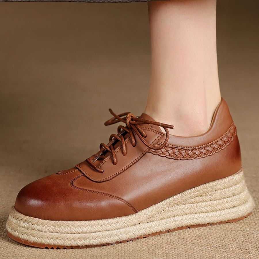 Espadrille Wedge Shoes - EAGSITY วัวหนังสีน้ําตาล Oxford รองเท้าสไตล์ผู้หญิง espadrilles WEDGE