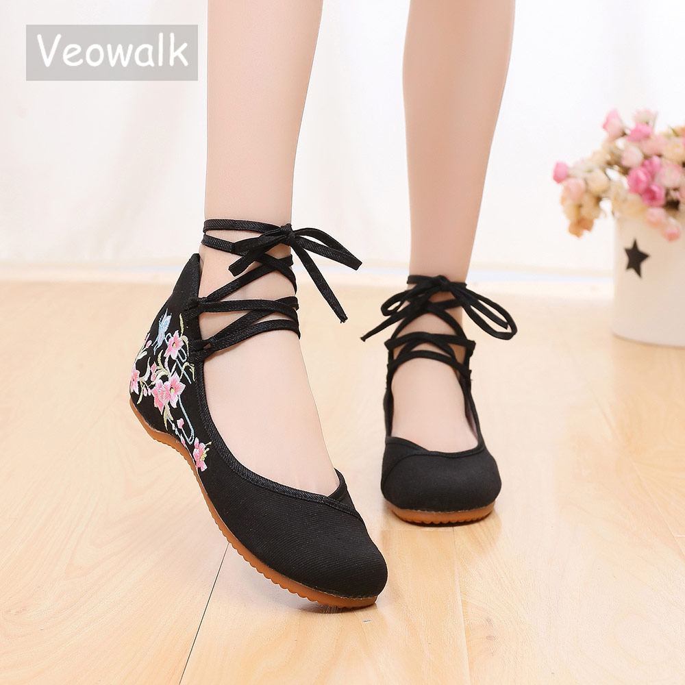 Women'S Shoes Vegan - Veowalk สายคล้องข้อเท้าผู้หญิงผ้าใบปักบัลเล่ต์สุภาพสตรีสบายผ้าฝ้ายเต้นรํา Ballerinas มังสวิรัติมุสลิมรองเท้า