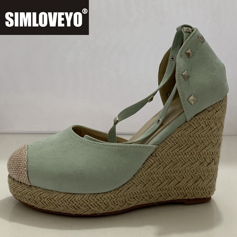 Espadrille Wedge Shoes - รองเท้าส้นตึกแบบสานสำหรับผู้หญิง ยี่ห้อ SIMLOVEYO ประดับหมุด รองเท้าส้นสูงแบบรัดข้อเท้า เหมาะสำหรับฤดูร้อน