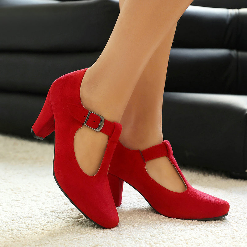 Women'S Xti Shoes - รองเท้าส้นสูงแบบมีสายรัดข้อเท้าทรงแมรี่เจน วัสดุหนังกลับเทียม ส้นหนา 7 ซม. พร้อมหัวเข็มขัด