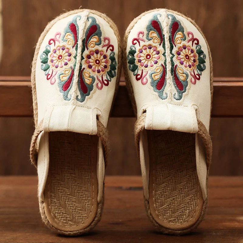 Women'S Shoes Vegan - รองเท้าแตะสตรีแบบลำลองทำจากผ้าลินินปักลายด้วยมือ สไตล์เรโทร วีแกน สำหรับฤดูร้อน รองเท้าผ้าใบแบบสบายๆ สไตล์เอสปาดริล