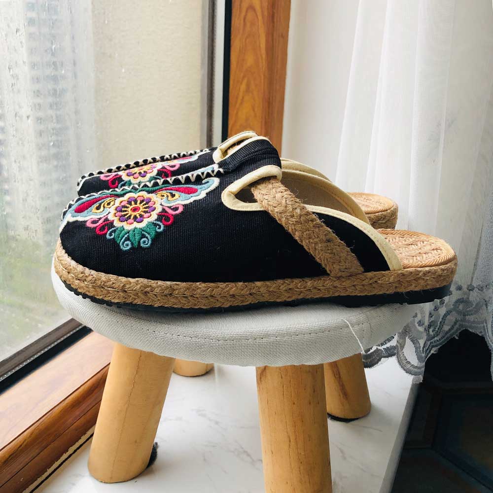 Women'S Shoes Vegan - ใหม่ผู้หญิงสบายๆผ้าลินิน Handmade เย็บปักถักร้อย Mules รองเท้าแตะ Retro
