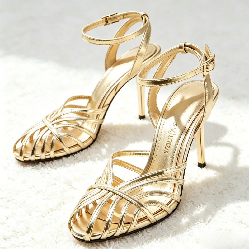 Women Shoes Model - รองเท้าส้นสูงแบบรัดข้อเท้าสีทองเซ็กซี่ ดีไซน์หรูหรา สายรัดข้อเท้าแบบหัวเข็มขัด ส้นบาง รองเท้าแฟชั่นสำหรับผู้หญิง เหมาะสำหรับงานเลี้ยงอาหารค่ำ