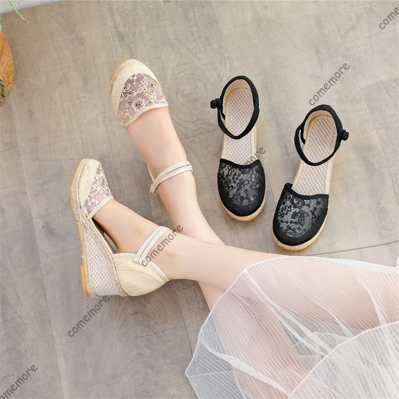 Espadrille Wedge Shoes - รองเท้าส้นเตารีดแบบสานตาข่ายสำหรับผู้หญิง สายรัดข้อเท้า ปิดนิ้วเท้า รองเท้าพื้นหนา ระบายอากาศได้ดี รองเท้าแตะสำหรับฤดูร้อน