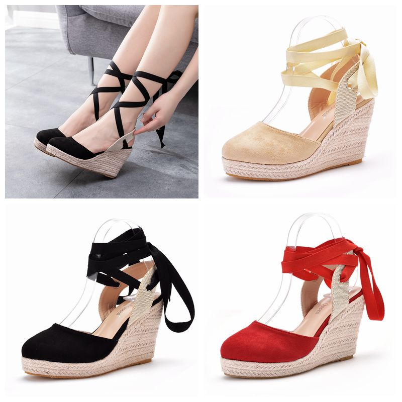 Espadrille Wedge Shoes - รองเท้าส้นเตารีดแบบสวมสำหรับผู้หญิง ปิดนิ้วเท้า มีสายรัดข้อเท้า แบบผูกเชือก รองเท้าสำหรับฤดูร้อน