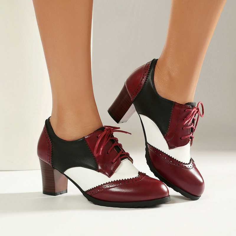 Women'S Xti Shoes - รองเท้าอ็อกซ์ฟอร์ดแบบโบรกสองสีสไตล์วินเทจสำหรับผู้หญิง แบบผูกเชือก ส้นบล็อกสูง 8 ซม. รองเท้าทรงเรโทรแบบ