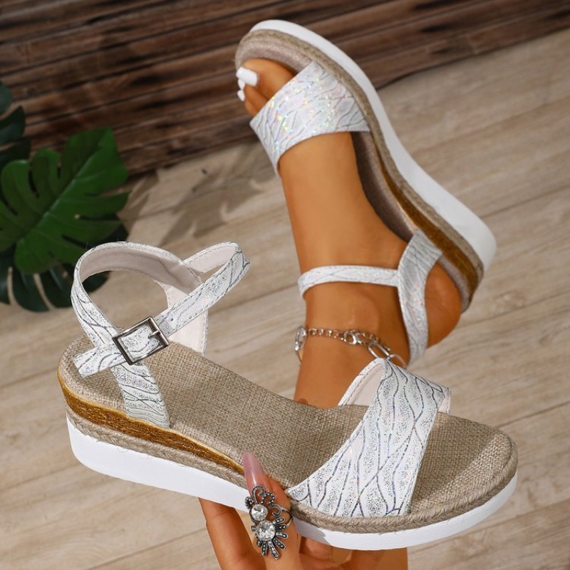 Espadrille Wedge Shoes - รองเท้าส้นเตารีดแบบรัดข้อเท้าสำหรับผู้หญิง สีขาว ส้นสูง ประดับประกายวิบวับ สไตล์เอสพาดริล เหมาะสำหรับฤดูร้อน