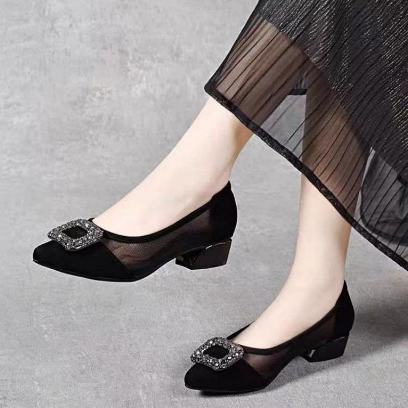 รองเท้าส้นบล็อกหัวแหลมแบบตาข่า - Women Shoes Model บทวิจารณ์และราคา